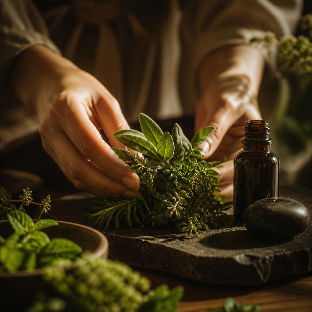 Mani che preparano erbe aromatiche e un olio essenziale